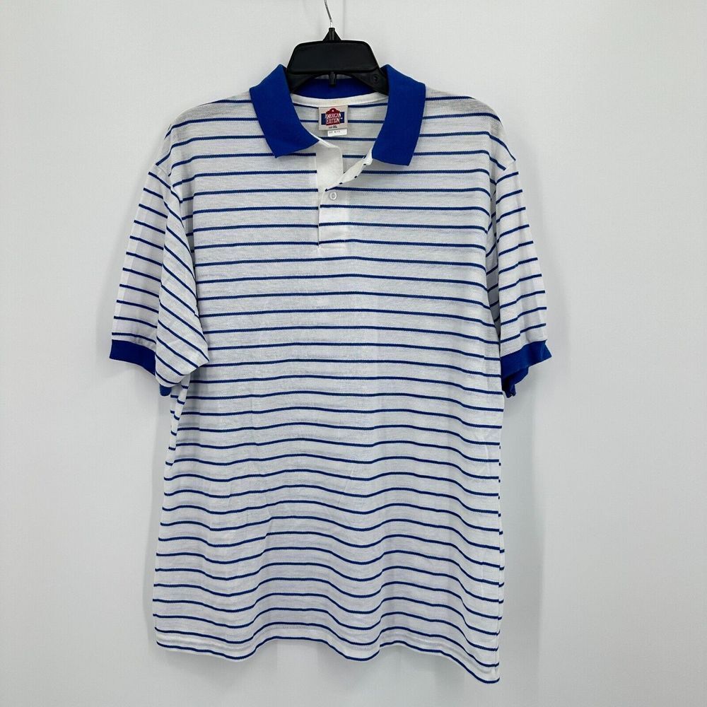 Vtg American Edition Polo Shirt Men XL White Blue Striped Golf 90s Single Stitch